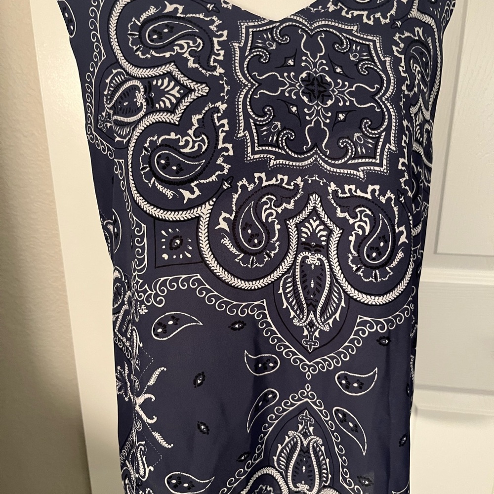 Navy Blue Bandana Paisley Sleeveless V-Neck Blouse